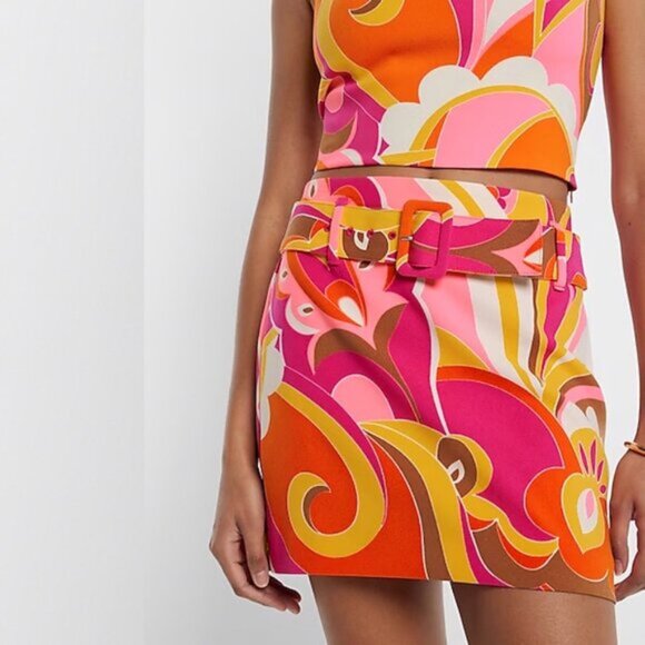 NWT Express High Waisted Retro Paisley Belted Mini Skirt - Picture 4 of 10